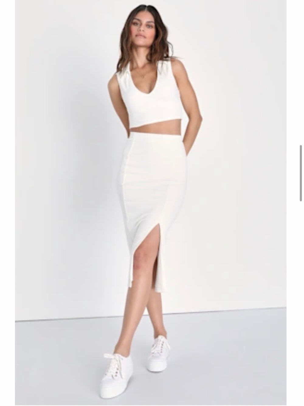 Lulus White Ribbed Fitted Midi Skirt with Front Slit – Size M